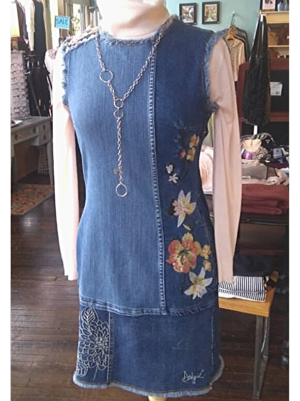 whimsical denim outfit and long cool chain necklace